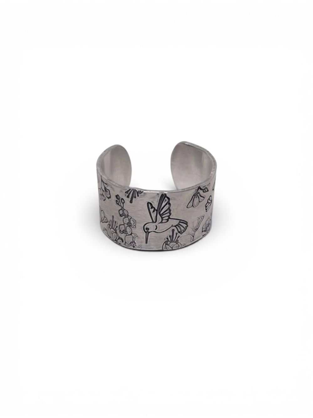 Handmade 9‎ stamped hummingbird floral hypoallergenic silver wide cuff ring